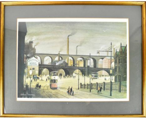 After Arthur Delaney; limited edition print 89/500, Stockport town centre with viaducts in the distance, signed in pencil low