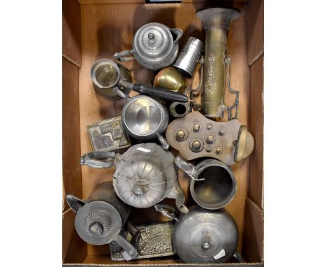 A group of late 19th/early 20th century pewter and metalware to include teapots, coffee pots, sucrier, platters, a brass Art 