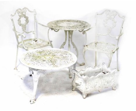 A pair of white painted aluminium garden chairs, two similar tables and a planter (5).