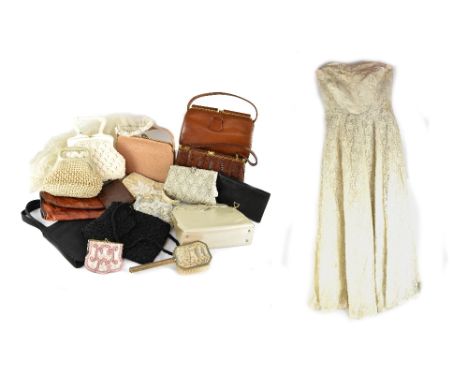 A quantity of vintage c1940s-60s ladies' handbags to include ostrich example, straw evening bags and a c1950s strapless satin