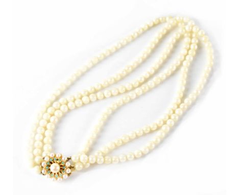 A modern three-strand cultured pearl choker necklace with a hallmarked 9ct gold open cartwheel clasp set with cultured pearls