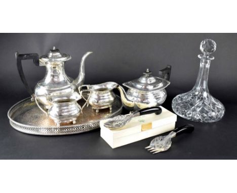 A Viners three-piece silver plated tea set, plated tray, Middle Eastern serving fork and spoon set with ebonised handles and 