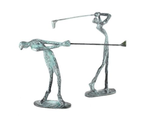 A pair of bronze figures of golfers in mid-swing, in the style of Hagenauer with an applied green patination, heights 23cm an