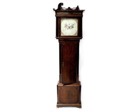 A 19th century oak-cased eight-day longcase clock, the painted white dial set with subsidiary seconds and calendar dials, flo