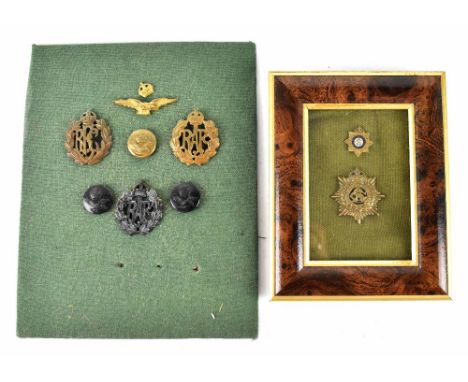 A British Army Service Corps badge and sweetheart badge, cap badges to include WWII RAF badge, an RAF plastic WWII badge, two
