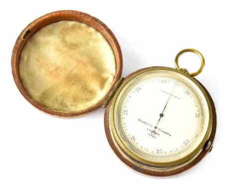 A late 19th century Negretti &amp; Zambra pocket barometer, the silvered dial with rotatable marker dial, glass and knurled e