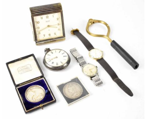 A Queen Victoria 1889 silver crown, a silver pair-cased pocket watch (af), a silver prize medallion awarded for the colour tr