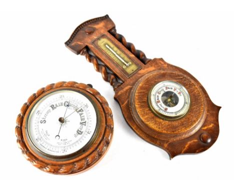 A mid-20th century oak wall-hanging barometer, length 52cm and a similar period circular wall-hanging barometer, diameter 24c