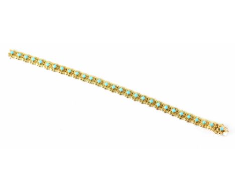 A vintage hallmarked 18ct gold and turquoise line bracelet comprising twenty-nine articulated square flower heads, each conta