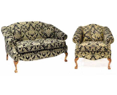 A pair of Jade Holdings twin-seat sofas and two matching armchairs to front cabriole carved supports and ball and claw feet, 