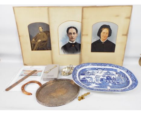 A mixed lot to include two unframed portraits, blue and white meat plate, brass sovereign scales, plated ware and similar.