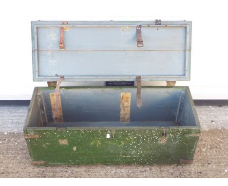 A wooden ammunition crate, approximately 30 cm x 76 cm x 29 cm