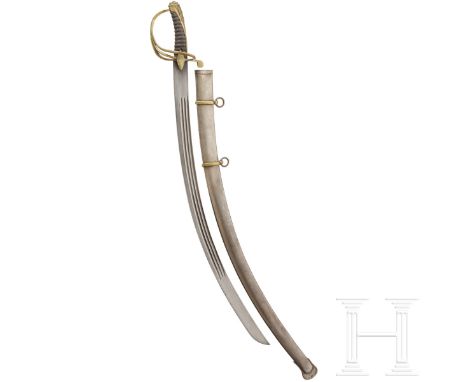 Säbel M 1917 für Offiziere der Kavallerie  Breite, dreifach gekehlte, stark gekrümmte Klinge. Messing-Bügelgefäß mit graviert