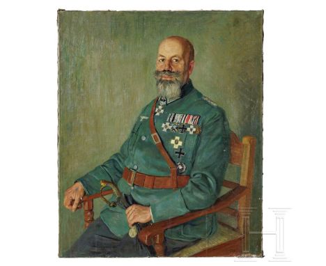 Portrait eines hochdekorierten bayerischen Militärarztes    Öl auf Leinwand mit sitzender Darstellung als Stabsarzt der Reser