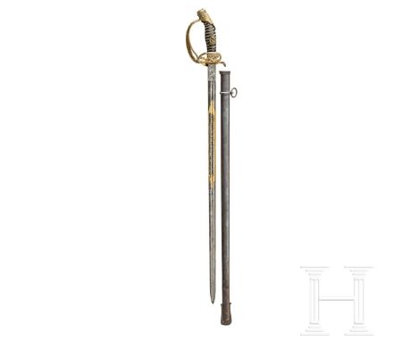 Damast-Degen M 1889 für Offiziere der Infanterie  Beidseitig doppelt gekehlte Klinge aus Damaststahl, terzseitig vergoldete W