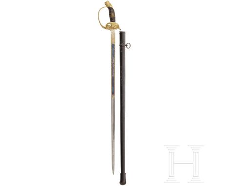 Damast-Degen M 1889 für Offiziere der Infanterie, um 1910  Gerade Rückenklinge aus echtem wilden Damaststahl, im unteren Bere