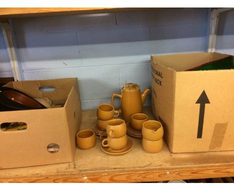 Shelf of assorted, bowler hat, coffee set and doll etc.