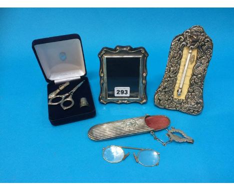 Silver picture frame, silver mounted thermometer, silver spectacle case etc.