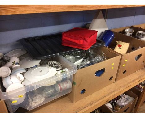 Shelf of assorted glass etc.