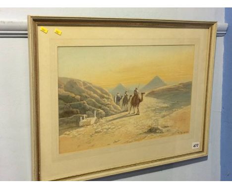 Watercolour, signed 'Gianni', Continental school, 'Camels with pyramids in the background', together with a print after Wainw