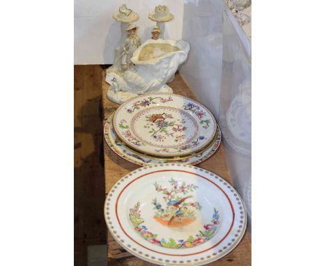 Worcester shell vase, figure candlesticks and plates