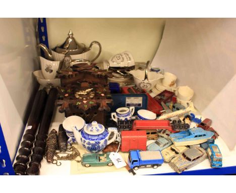 Cuckoo clock, two truncheons, Winton teaware, model vehicles, etc
