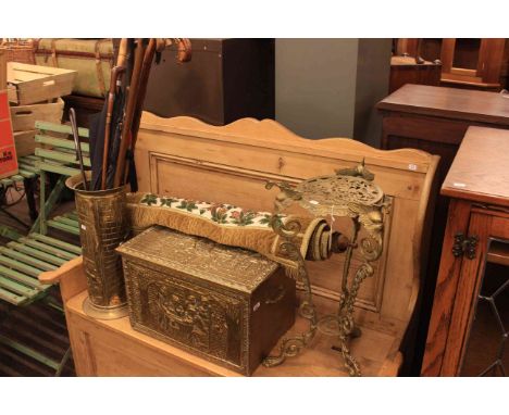 Brass plant stand, log box and stick stand, walking sticks, brollies, and embroidery