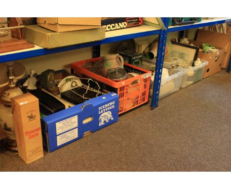 Five boxes of glass, china, lamp, Highland Queen whisky, pictures etc