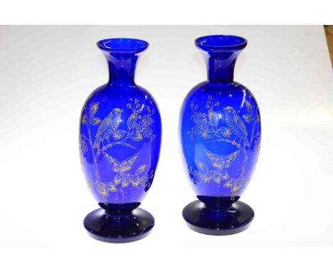 Pair large blue glass vases with enamel bird and butterfly decoration