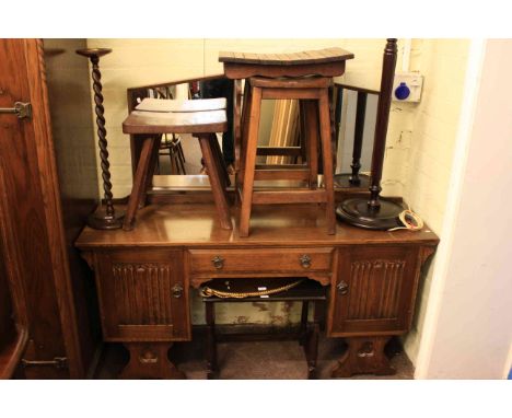 Four various stools, cheval mirror, standard lamp, smokers stand, three kitchen chairs, low table and gilt framed mirror (12)