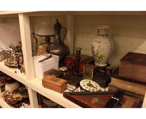 Collection of silver plate, oil lamp, large Eastern jug, Oriental vase, zither, books and collectables
