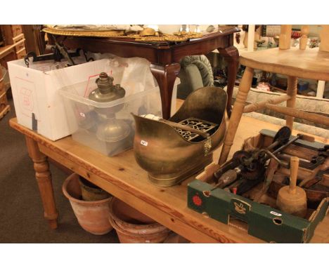 Gilt framed mirror, brass and copper ware, oil lamp, door furniture, joinery tools, etc