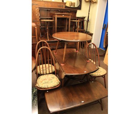 Ercol elm shelf back dresser, drop leaf dining table, four quaker back chairs and two coffee tables (8)