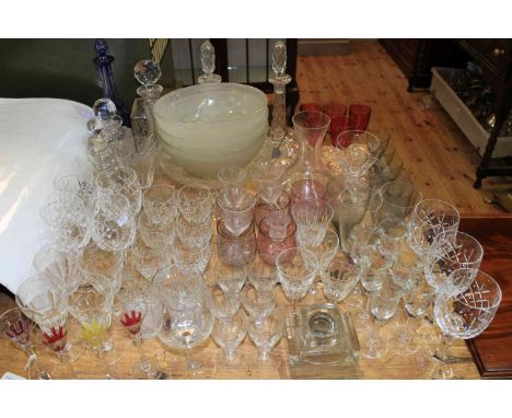 Glassware including ruby goblets, decanters, etc