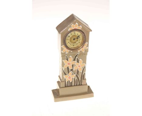 Foley Urbato pottery mantel clock in the form of a longcase clock, tubelined floral decoration, no. A 4115, 24.5cm high

Cond
