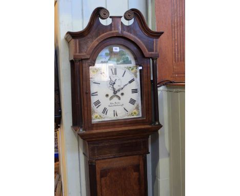 Antique oak and mahogany cased eight day longcase clock having painted arched dial, signed John Birtles, Market Harborough