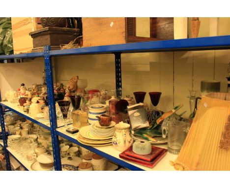 Pottery teapots, figurines, Sylvac dogs, teaware, glass decanter, assorted glasses, pottery dog, table lamp, etc