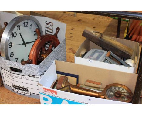 Three boxes with ships wheels, model binnacle, clock, artifacts, etc