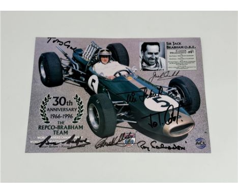 SIGNED PRINT BY SHELBY, BRABHAM, SALVADORI, COOPER AND OTHERS  A 1996 print celebrating 30 years of the Repco-Brabham Team, s