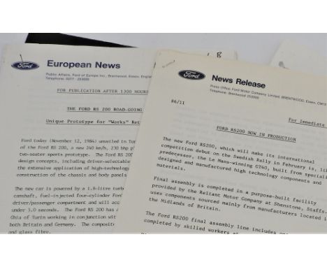 ORIGINAL FORD RS200 AND MOTORSPORT PLANNING AND PRESS LAUNCH DOCUMENTS  A dossier of internal Ford proposal and press documen