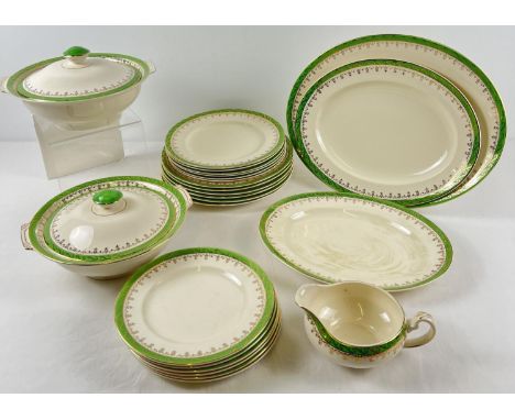 A vintage Alfred Meakin Pride of Erin pattern dinner service with green banded rim and gilt detail. Comprising: 2 lidded ture