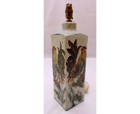 A mid 20th century studio pottery table lamp decorated with poultry, 46cm (h)