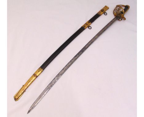 A William IV ceremonial sword with shagreen handle pierced guard in leather and brass scabbard (leather scabbard A/F)