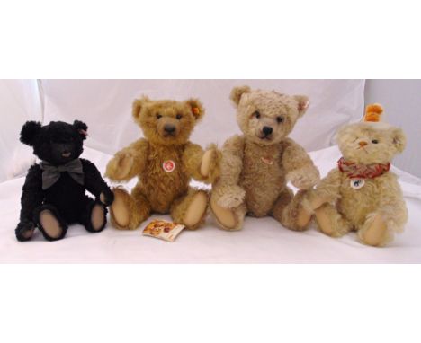 Four Steiff bears to include Classic mohair teddy yellow tag 000560, Theo mohair teddy white tag 036453, replica clown teddy 