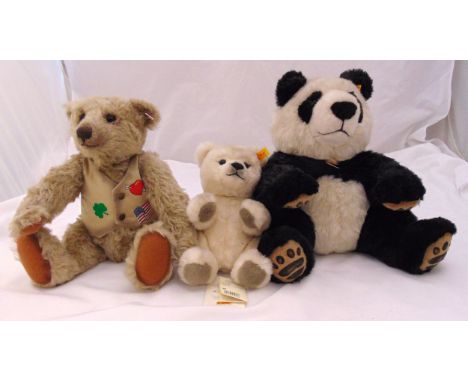 Three Steiff bears to include Manschli panda teddy yellow tag 064821, Poverman teddy white tag 681981 and Polar teddy yellow 