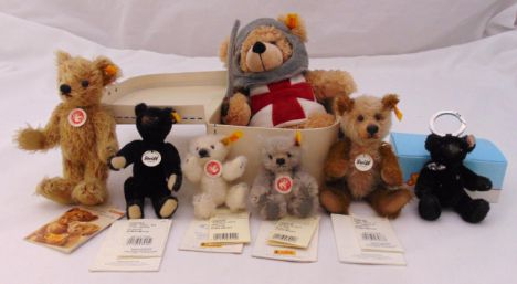 Six Steiff bears to include Fynn beige teddy yellow tag 111860, Cappuccino mohair teddy yellow tag 039768, Gold mohair teddy 