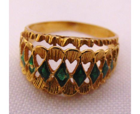 A yellow gold and enamel ring tested 9ct, approx total weight 3.6g, enamel A/F