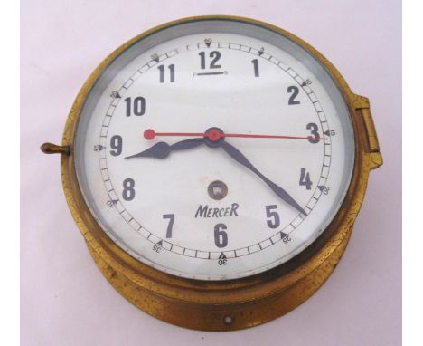 Mercer brass ships clock, white enamel dial and Arabic numerals, 15cm (dia)
