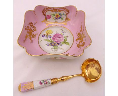 A Limoges hand-painted pink bowl with flowers and matching ladle (handle A/F) 20cm (w)
