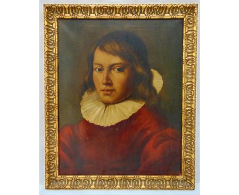 A framed oil on canvas portrait of a young boy in classical dress, indistinctly signed bottom right, 50 x 40cm